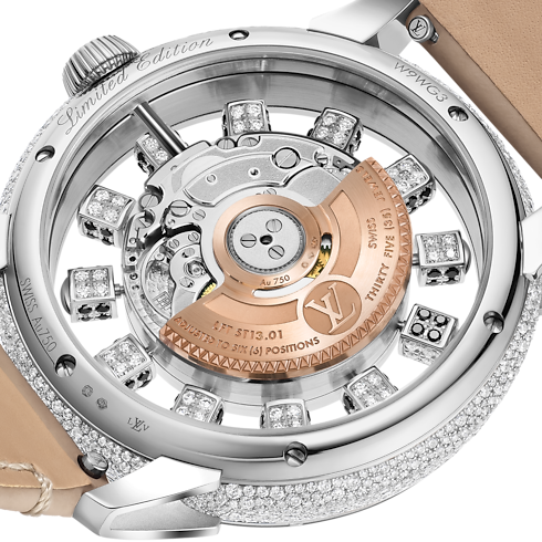 All Watches } Tambour Taiko Spin Time Air, Automatic, 42.5mm, White gold, Hawk's eye and diamonds | Louis Vuitton ® (Product zoom)