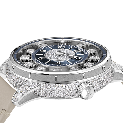 All Watches } Tambour Taiko Spin Time Air, Automatic, 42.5mm, White gold, Hawk's eye and diamonds | Louis Vuitton ® (Product zoom)