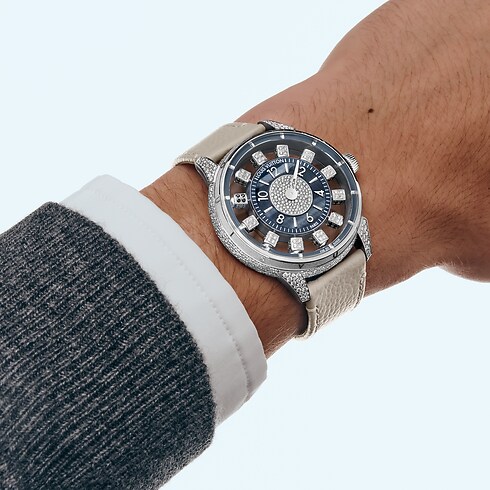 All Watches } Tambour Taiko Spin Time Air, Automatic, 42.5mm, White gold, Hawk's eye and diamonds | Louis Vuitton ® (Product zoom)