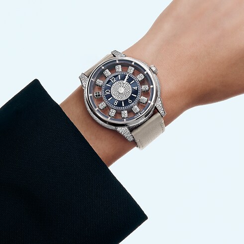 All Watches } Tambour Taiko Spin Time Air, Automatic, 42.5mm, White gold, Hawk's eye and diamonds | Louis Vuitton ® (Product zoom)