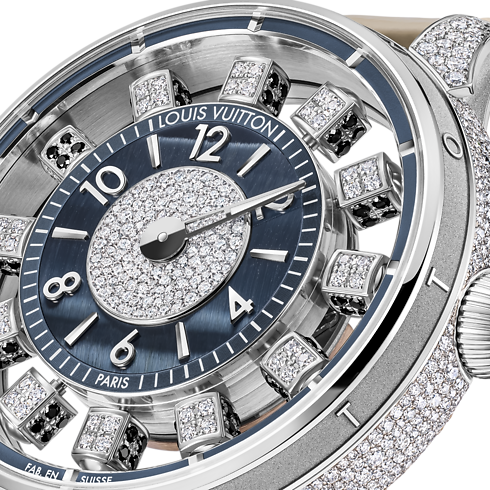 All Watches } Tambour Taiko Spin Time Air, Automatic, 42.5mm, White gold, Hawk's eye and diamonds | Louis Vuitton ® (Product zoom)