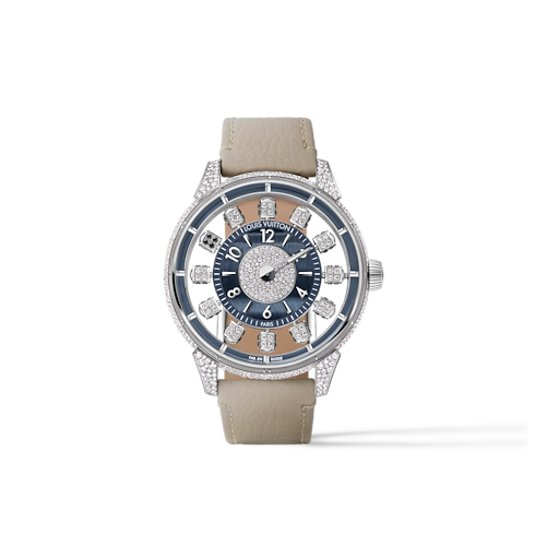 All Watches } Tambour Taiko Spin Time Air, Automatic, 42.5mm, White gold, Hawk's eye and diamonds | Louis Vuitton ® (Product zoom)