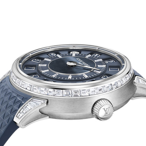All Watches } Tambour Taiko Spin Time, Automatic, 39.5mm, White gold, Hawk's eye and diamonds | Louis Vuitton ® (Product zoom)