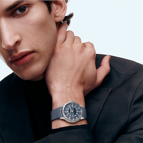 All Watches } Tambour Taiko Spin Time, Automatic, 39.5mm, White gold, Hawk's eye and diamonds | Louis Vuitton ® (Product zoom)