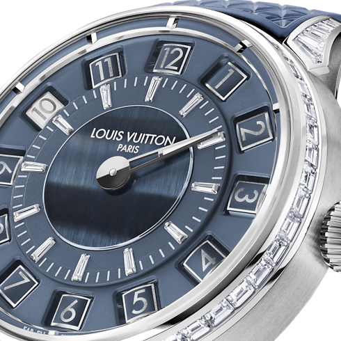 All Watches } Tambour Taiko Spin Time, Automatic, 39.5mm, White gold, Hawk's eye and diamonds | Louis Vuitton ® (Product zoom)