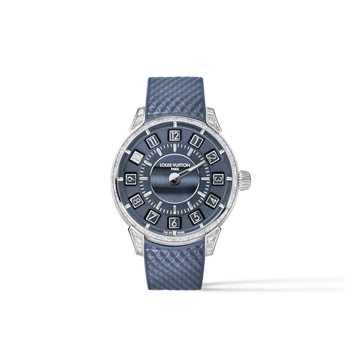 All Watches } Tambour Taiko Spin Time, Automatic, 39.5mm, White gold, Hawk's eye and diamonds | Louis Vuitton ® (Product zoom)