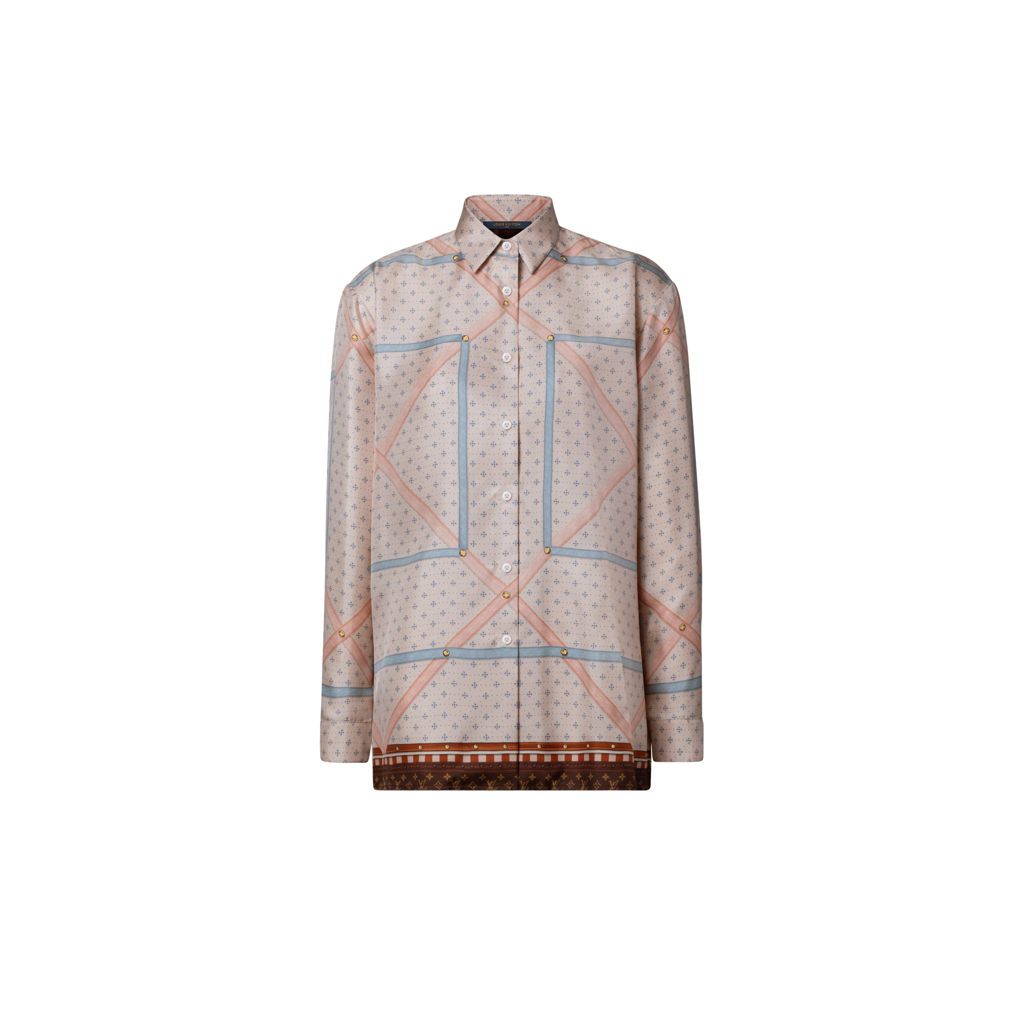 louis vuitton dress shirt women's 70015 auth LOUIS VUITTON blue & orange silk 2019 MONOGRAM Blouse Shirt 38 S