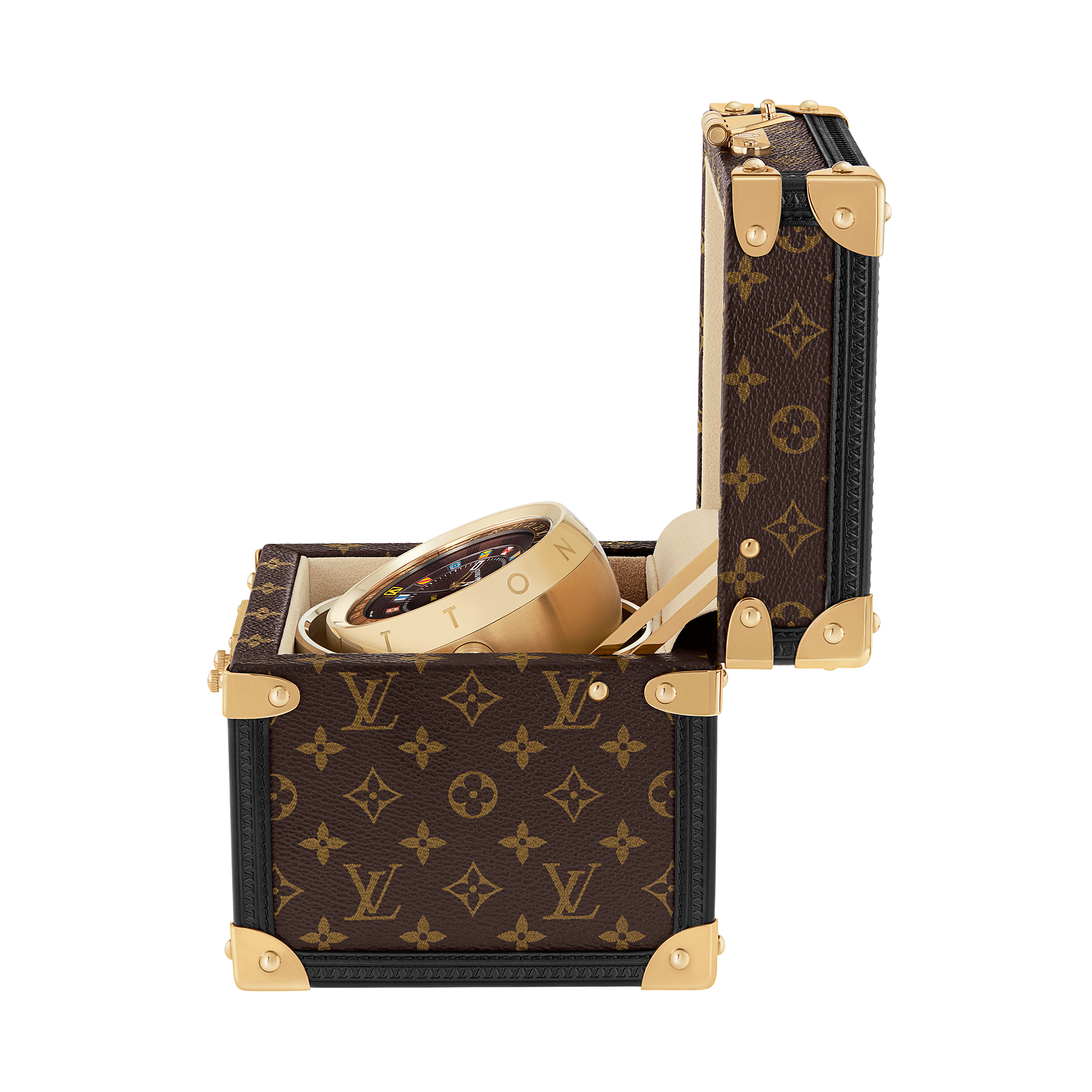  All Watches } Trunk Table Clock, Quartz, 80mm, Brass, Monogram | Louis Vuitton ® (Product zoom)
