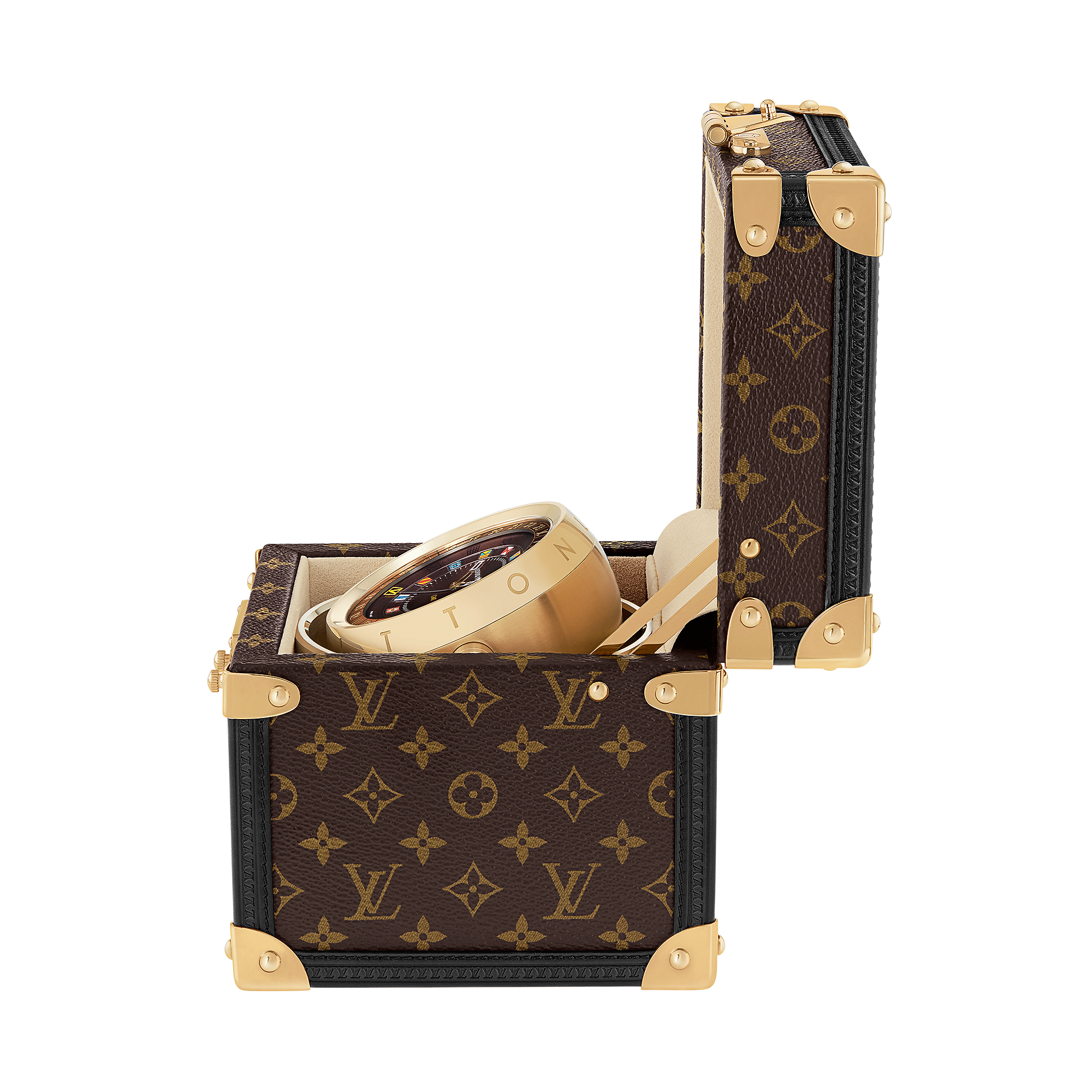 Trunk Table Clock, Quartz, 80mm, Brass, Monogram