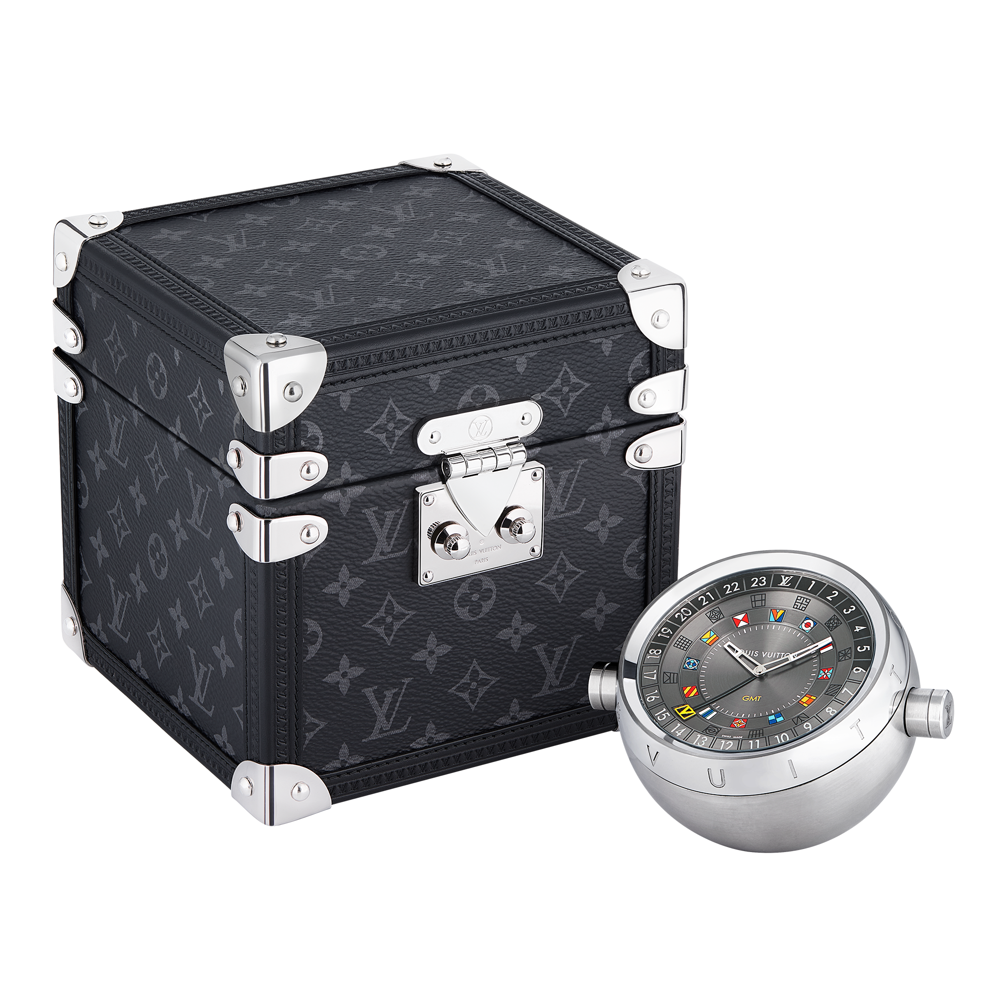  All Watches } Trunk Table Clock, Quartz, 80mm, Brass, Monogram Eclipse | Louis Vuitton ® (Product zoom)