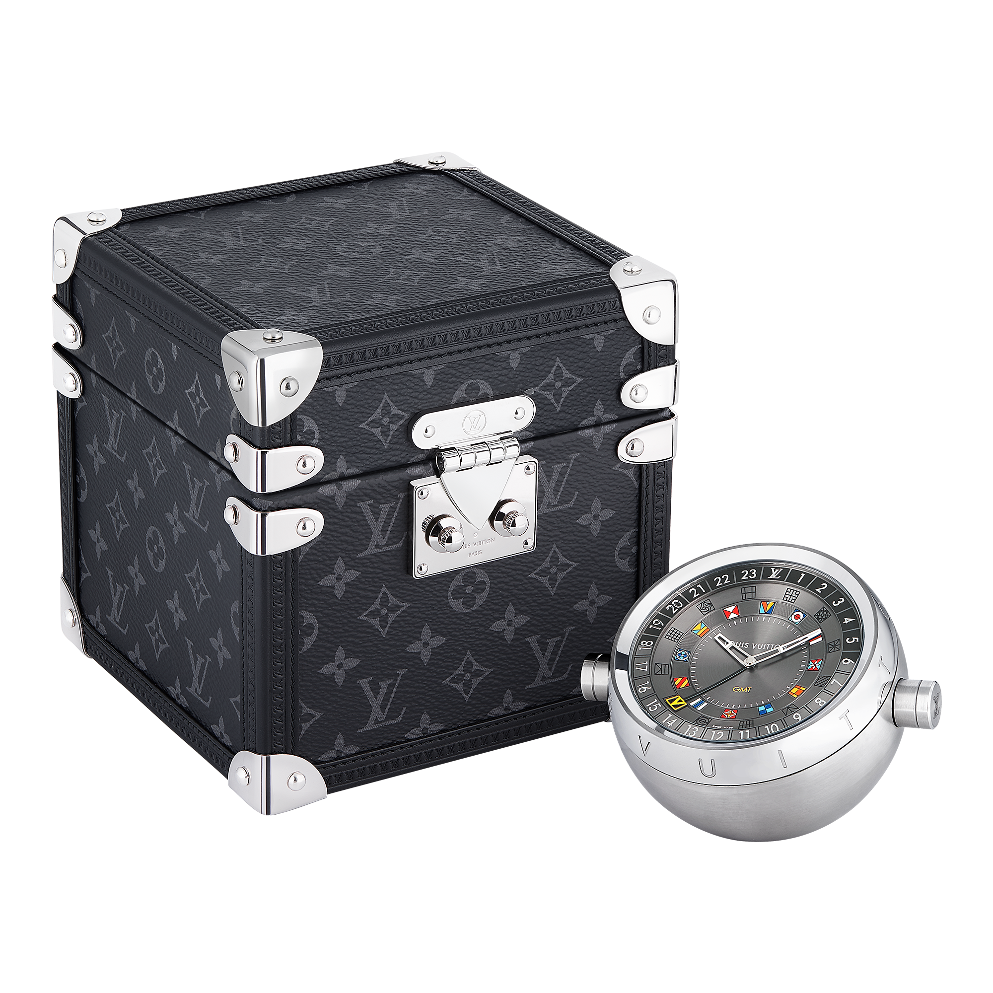 Trunk Table Clock, Quartz, 80mm, Brass, Monogram Eclipse