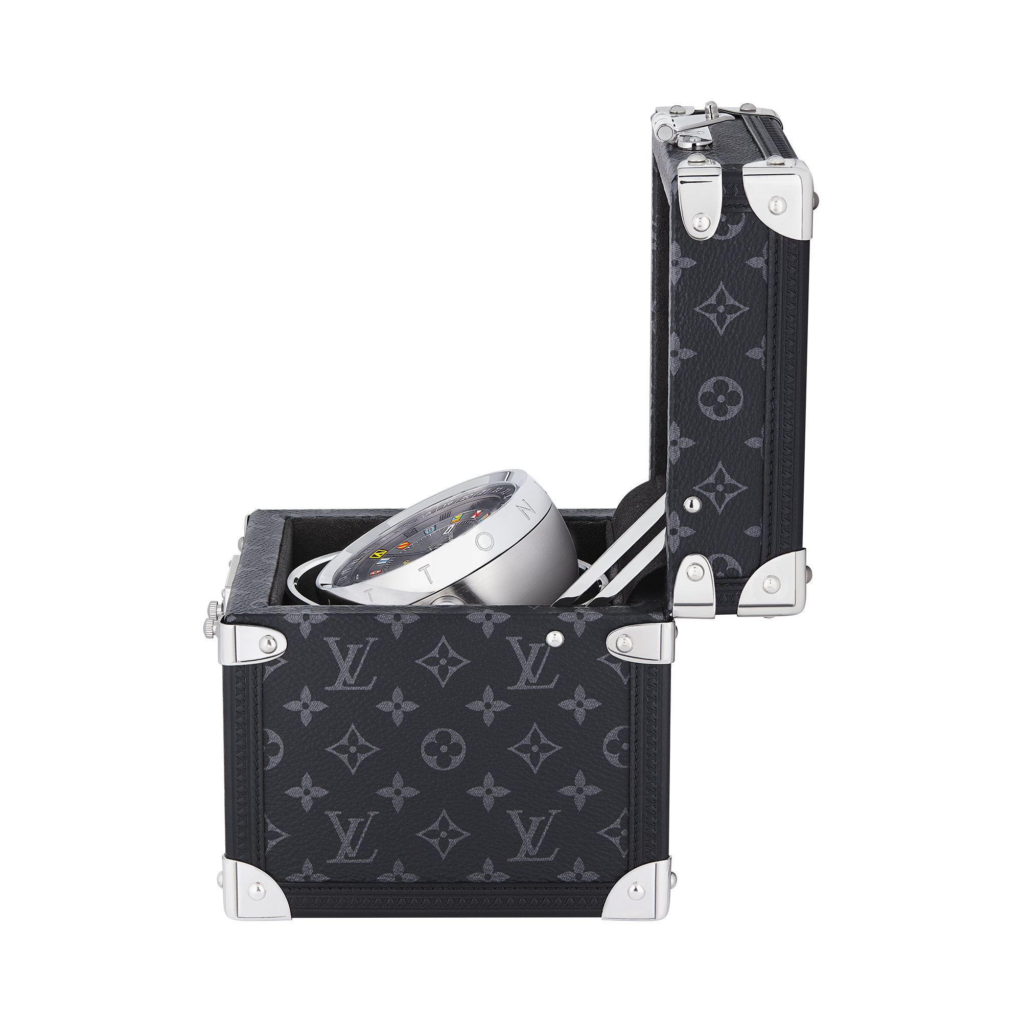  All Watches } Trunk Table Clock, Quartz, 80mm, Brass, Monogram Eclipse | Louis Vuitton ® (Product zoom)