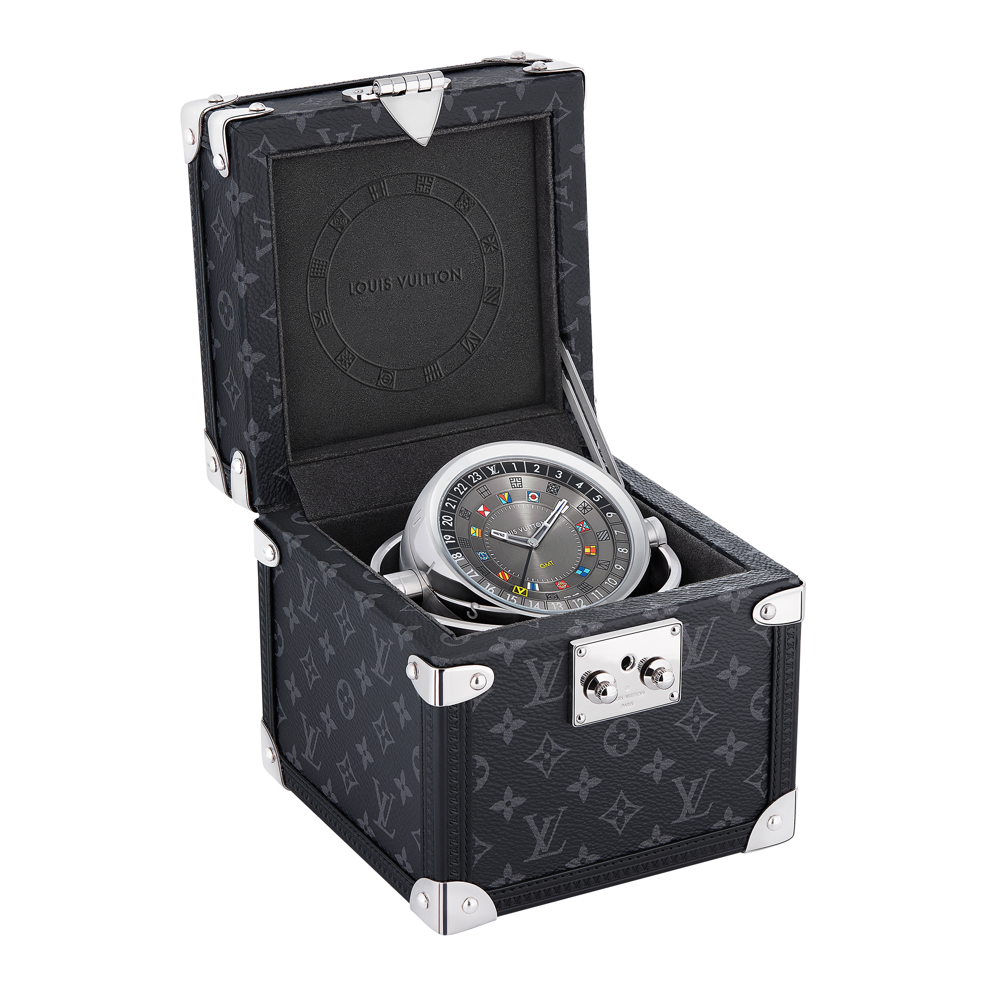  All Watches } Trunk Table Clock, Quartz, 80mm, Brass, Monogram Eclipse | Louis Vuitton ® (Product zoom)