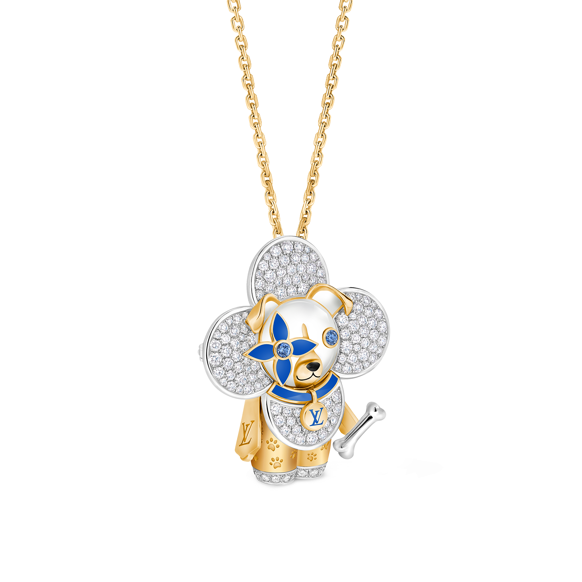 Vivienne Dog Pendant, Yellow Gold, White Gold, Lacquer, Diamonds & Colored Gemstones
