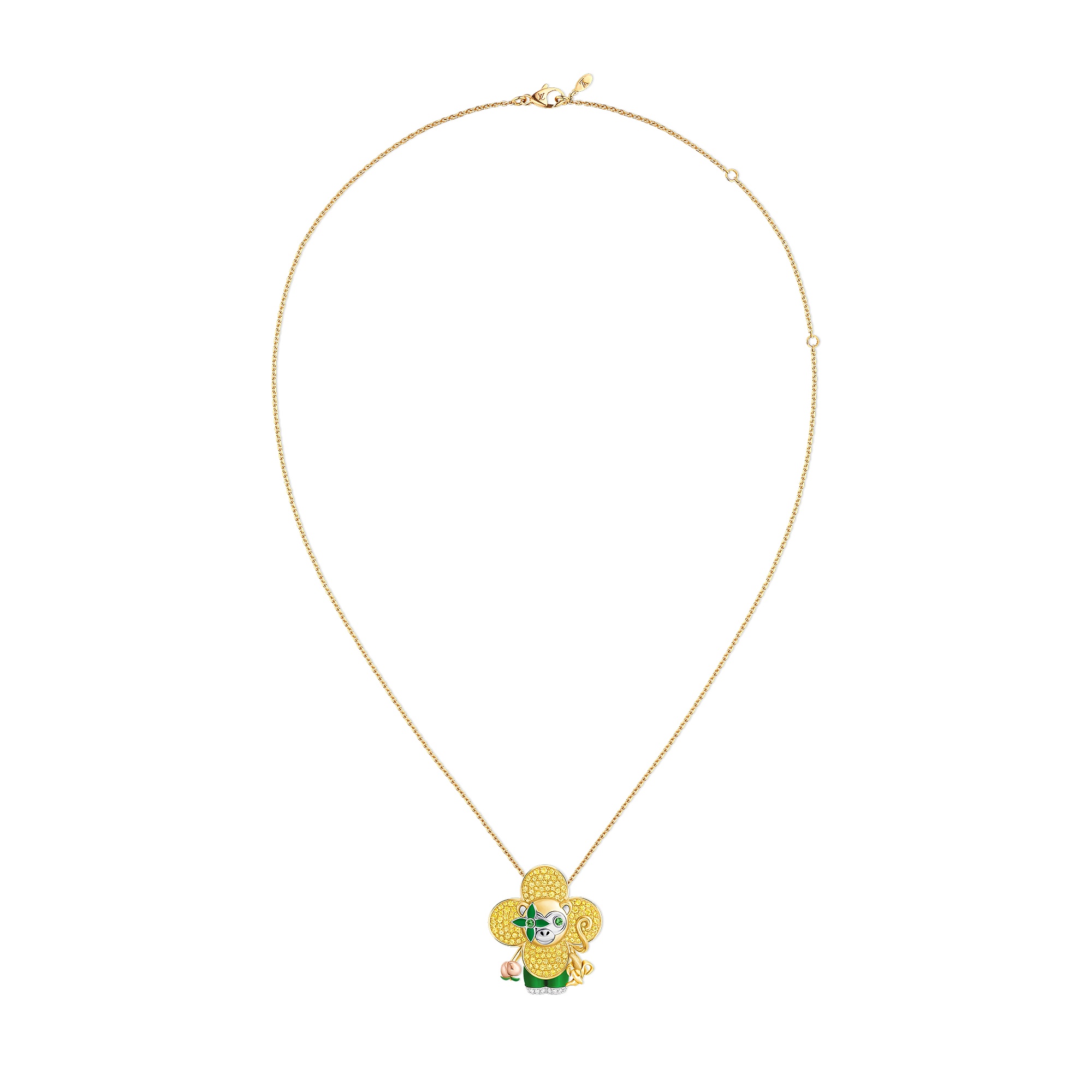Vivienne Monkey Pendant, 3 Golds, Lacquer, Diamonds & Colored Gemstones