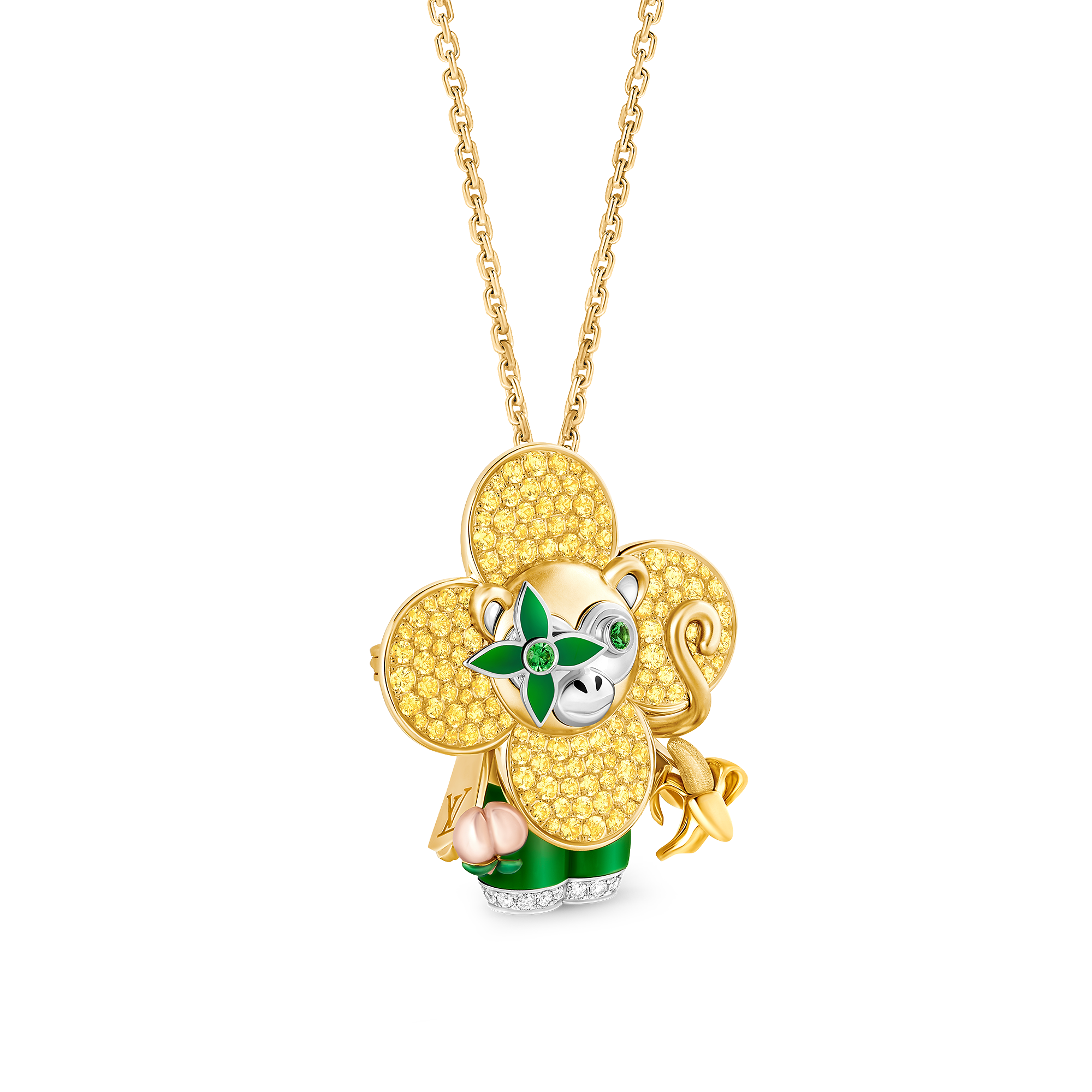 Vivienne Monkey Pendant, 3 Golds, Lacquer, Diamonds & Colored Gemstones