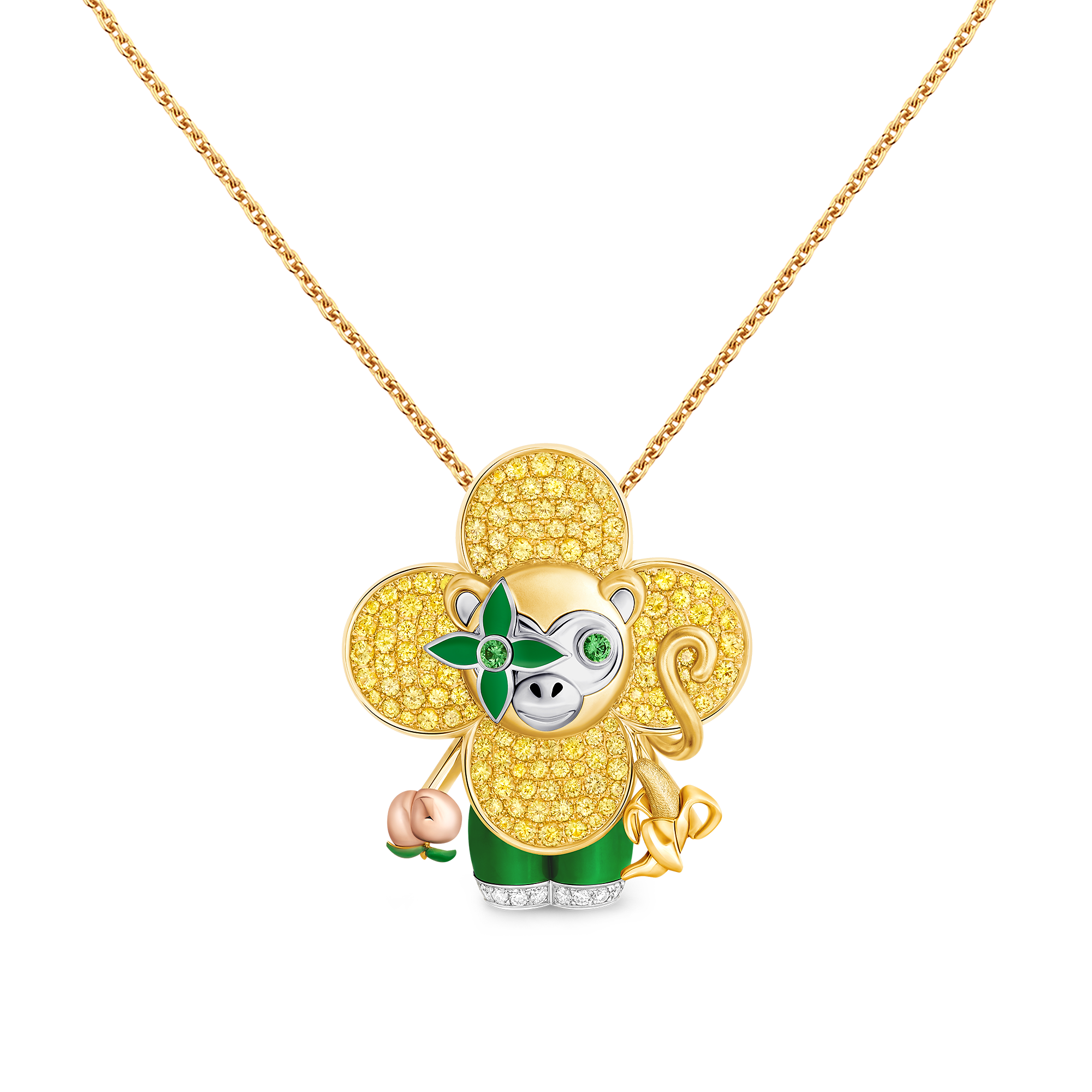 Vivienne Monkey Pendant, 3 Golds, Lacquer, Diamonds & Colored Gemstones