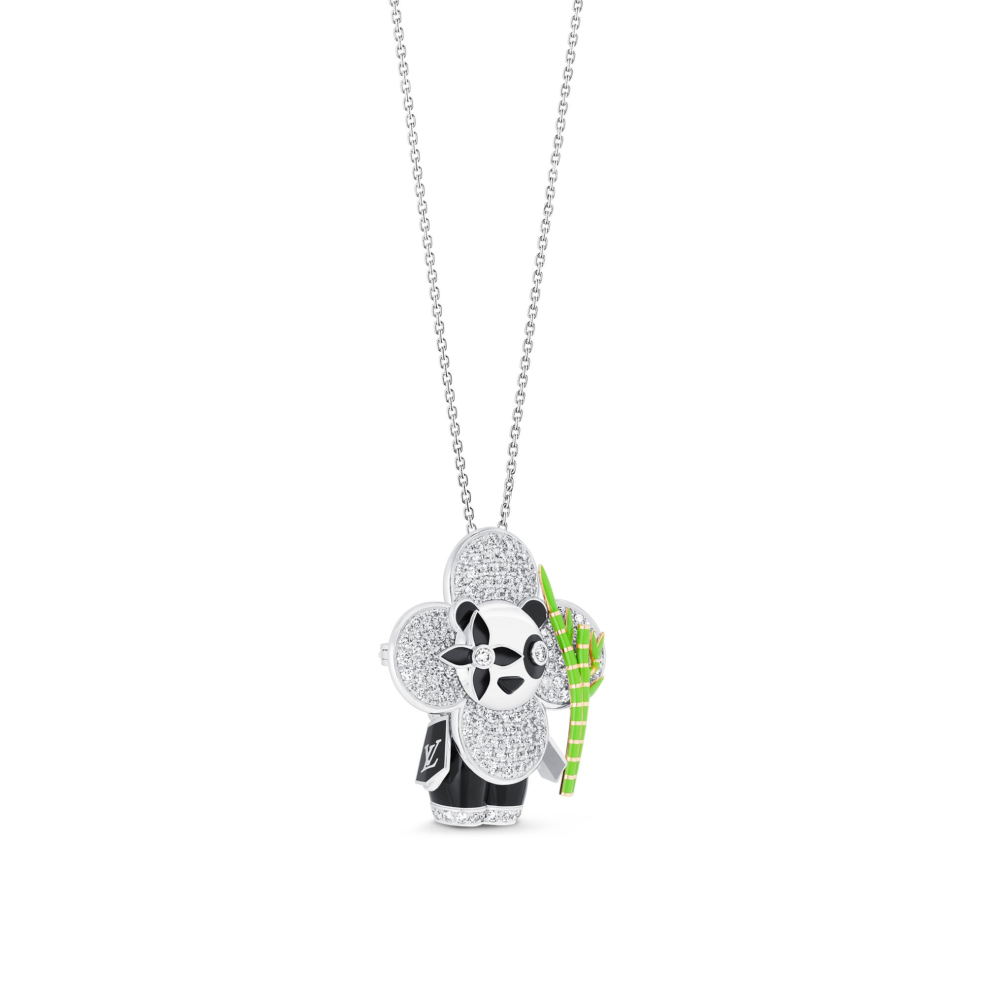 Vivienne Panda Pendant, White Gold, Yellow Gold, Onyx, Lacquer & Diamonds