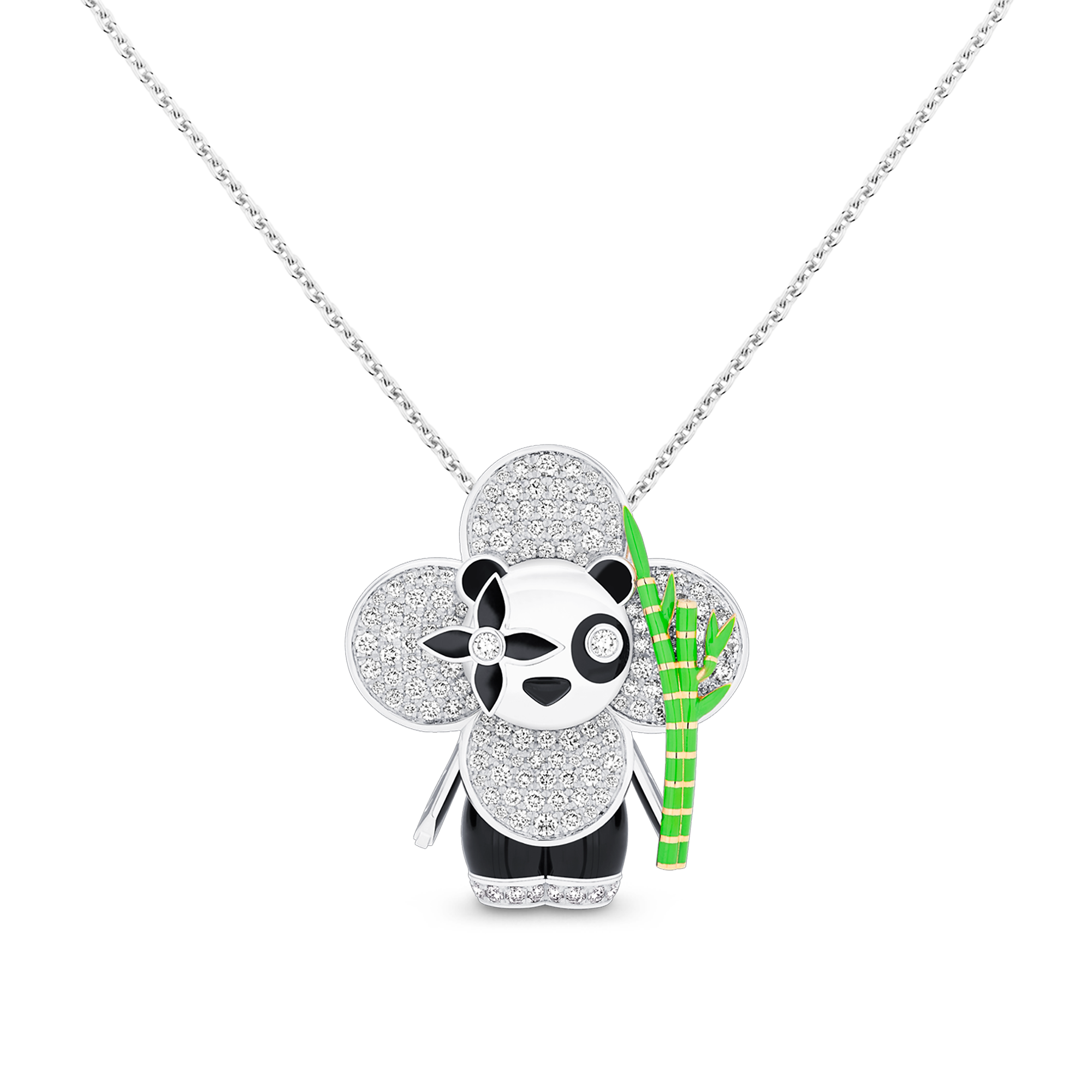 Vivienne Panda Pendant, White Gold, Yellow Gold, Onyx, Lacquer & Diamonds