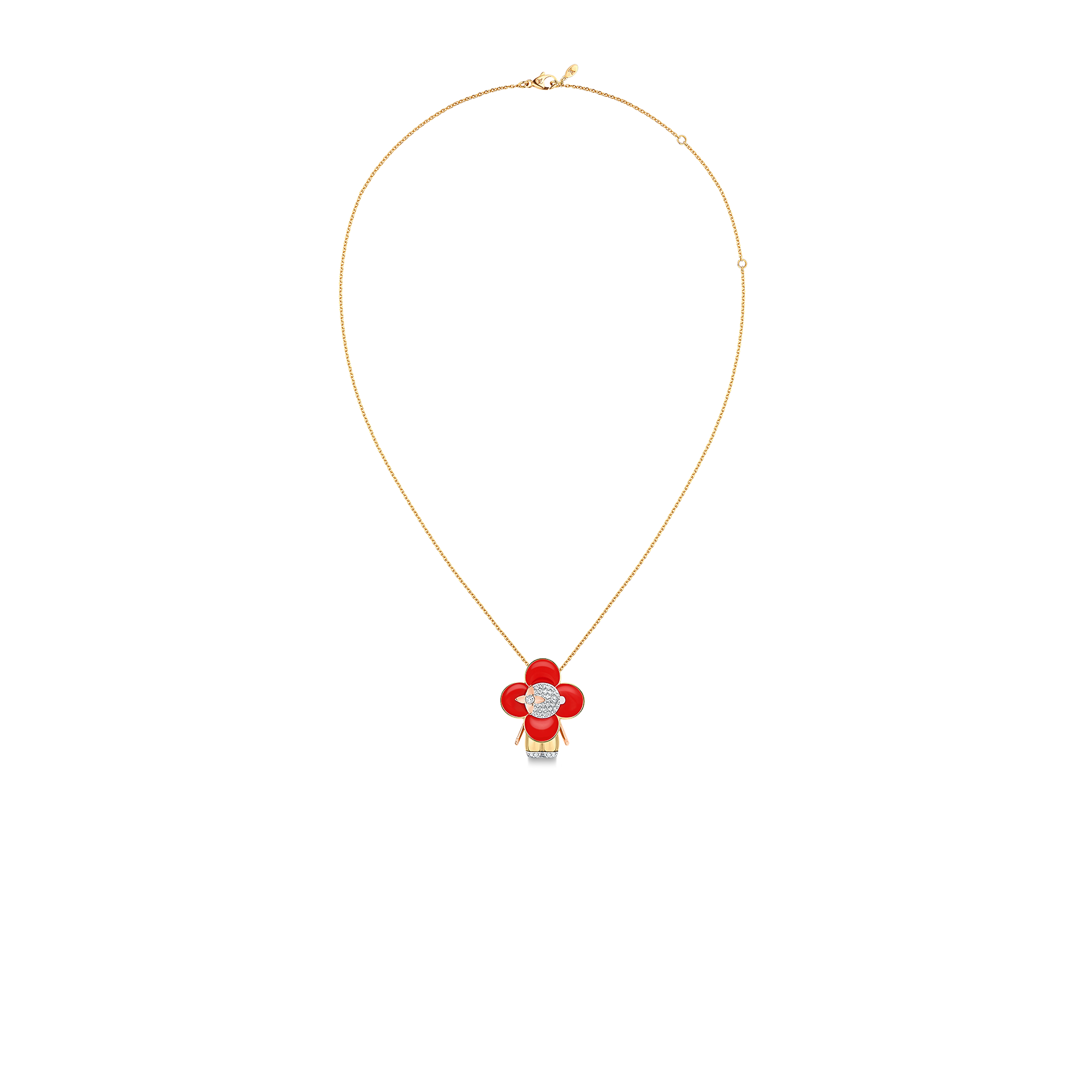 Vivienne pendant, 3 golds, red lacquer & diamonds