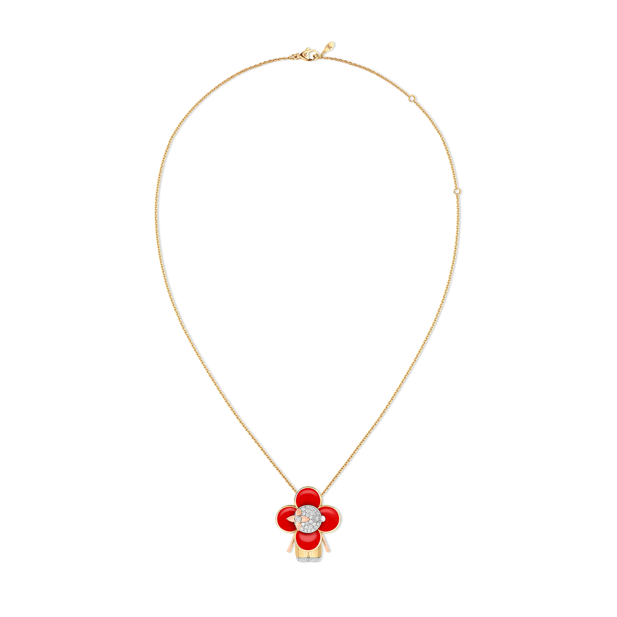 Vivienne pendant, 3 golds, red lacquer & diamonds