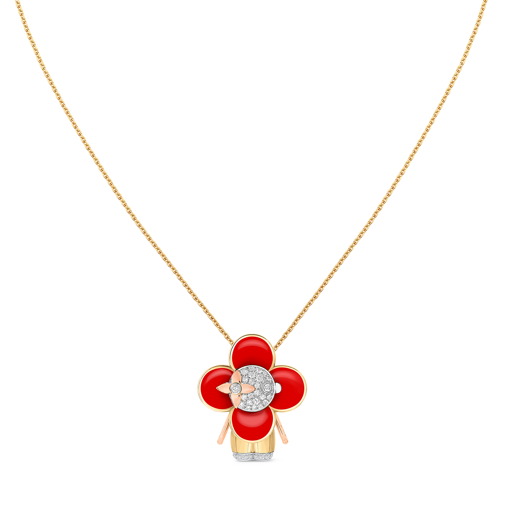 Vivienne pendant, 3 golds, red lacquer & diamonds