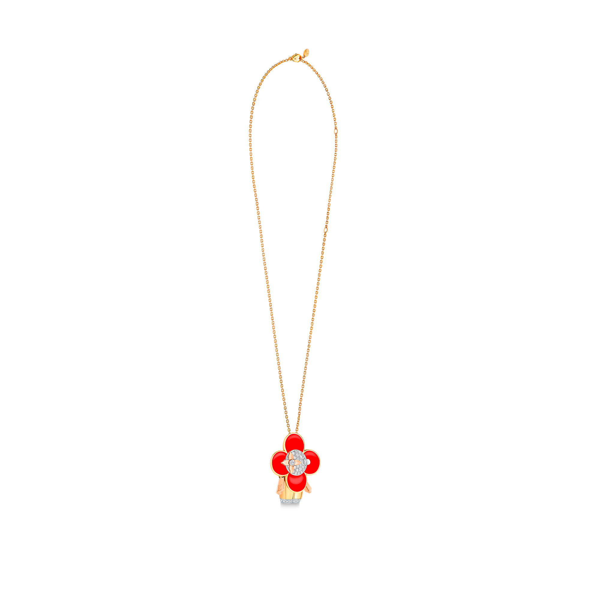 Vivienne pendant, 3 golds, red lacquer & diamonds