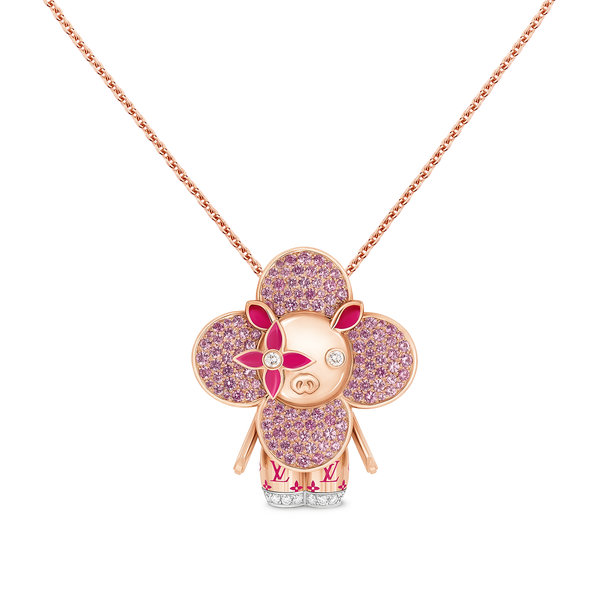 Vivienne Pig Pendant, Pink Gold, Lacquer, Diamonds & Colored Gemstones