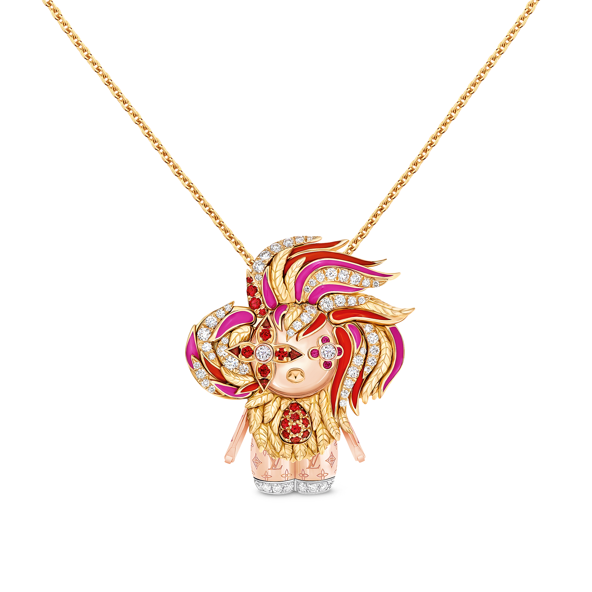 Vivienne Rooster Pendant, 3 Golds, Lacquer, Diamonds & Colored Gemstones