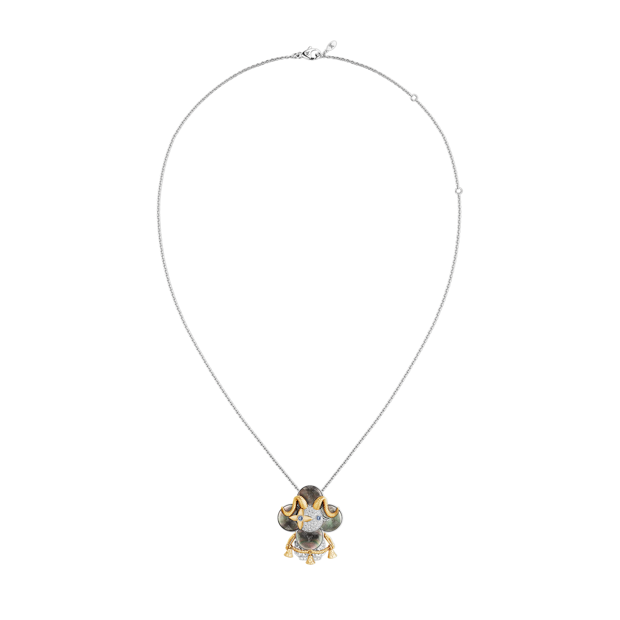 Vivienne Sheep Pendant, Yellow Gold, White Gold, Grey Mother-Of-Pearl, Diamonds & Colored Gemstones