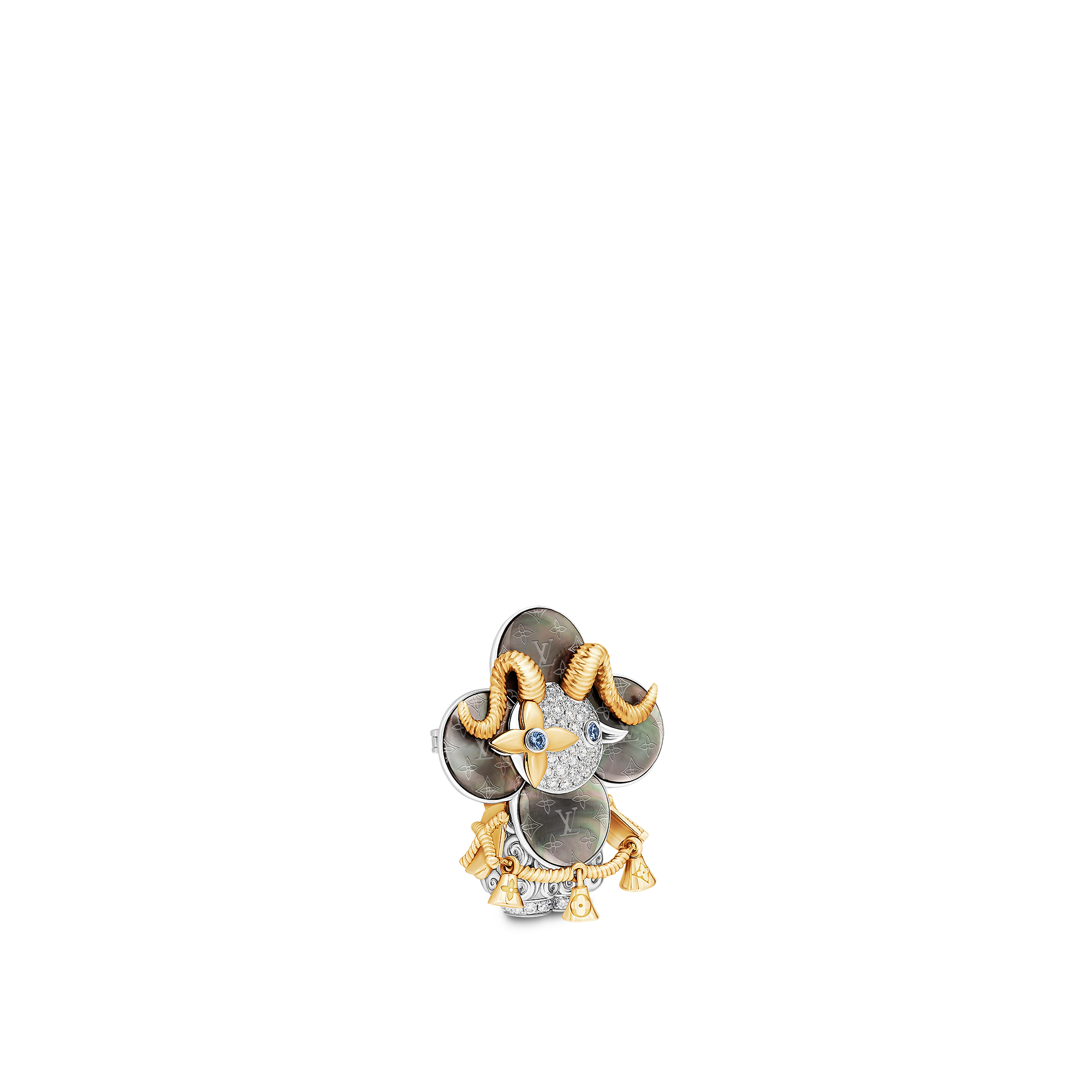 Vivienne Sheep Pendant, Yellow Gold, White Gold, Grey Mother-Of-Pearl, Diamonds & Colored Gemstones
