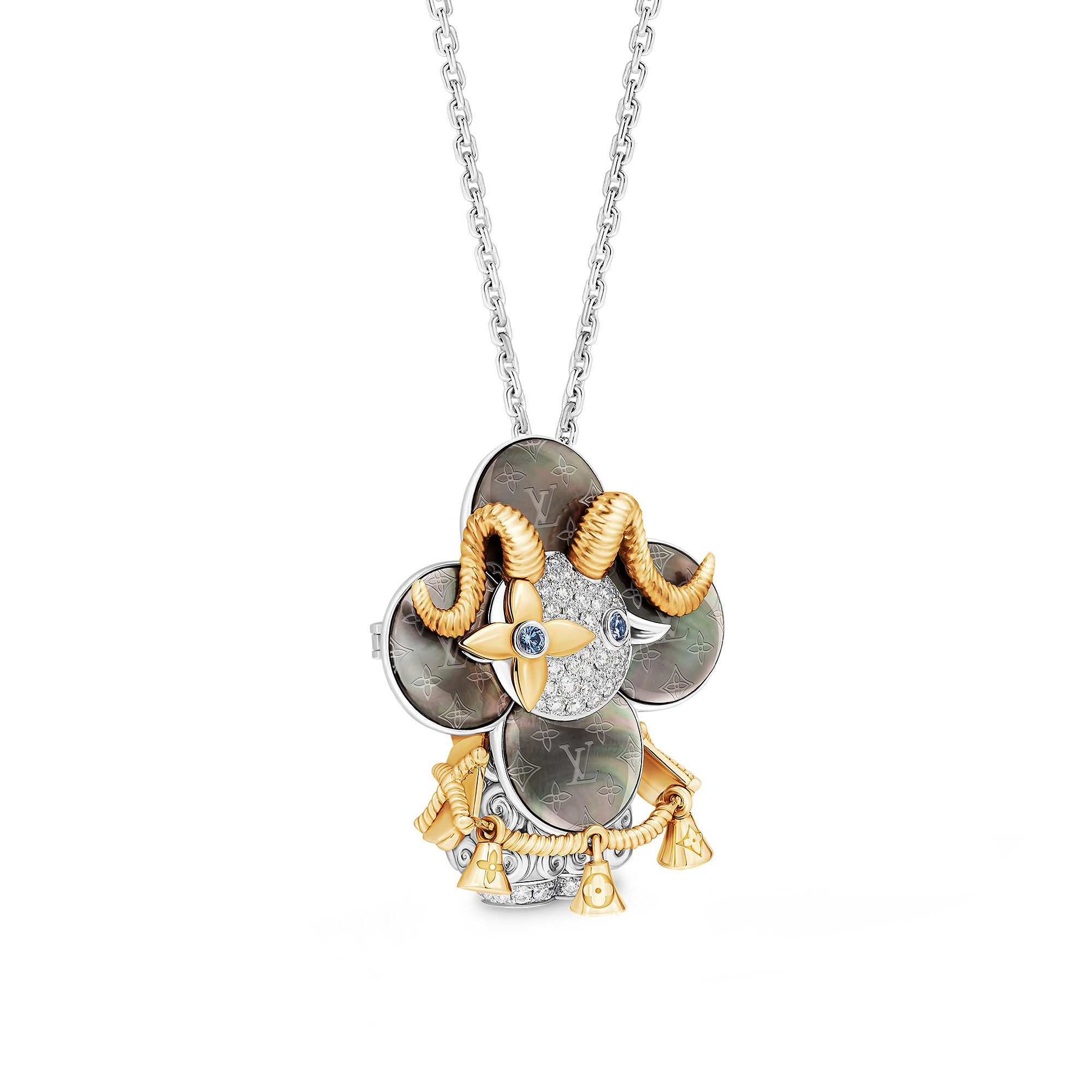 Vivienne Sheep Pendant, Yellow Gold, White Gold, Grey Mother-Of-Pearl, Diamonds & Colored Gemstones