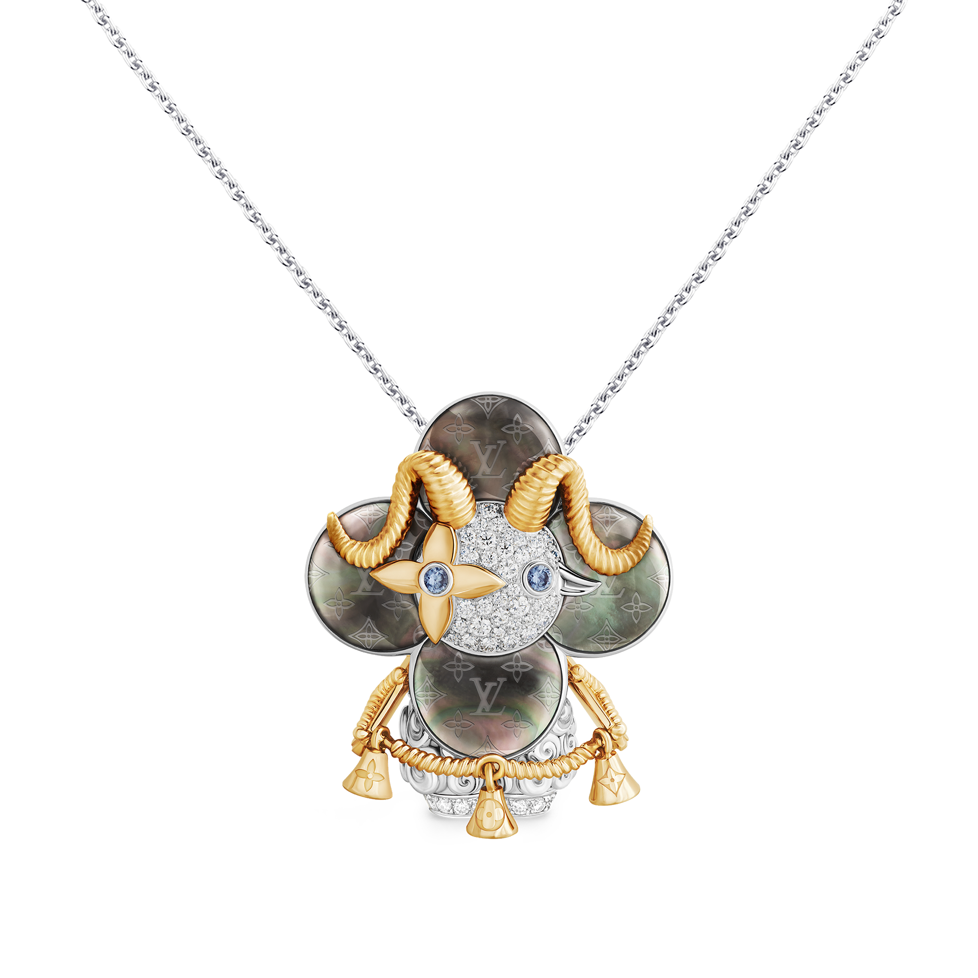  Jewelry Necklaces and Pendants Vivienne Sheep Pendant, Yellow Gold, White Gold, Grey Mother-Of-Pearl, Diamonds & Colored Gemstones | Louis Vuitton ® (Product zoom)
