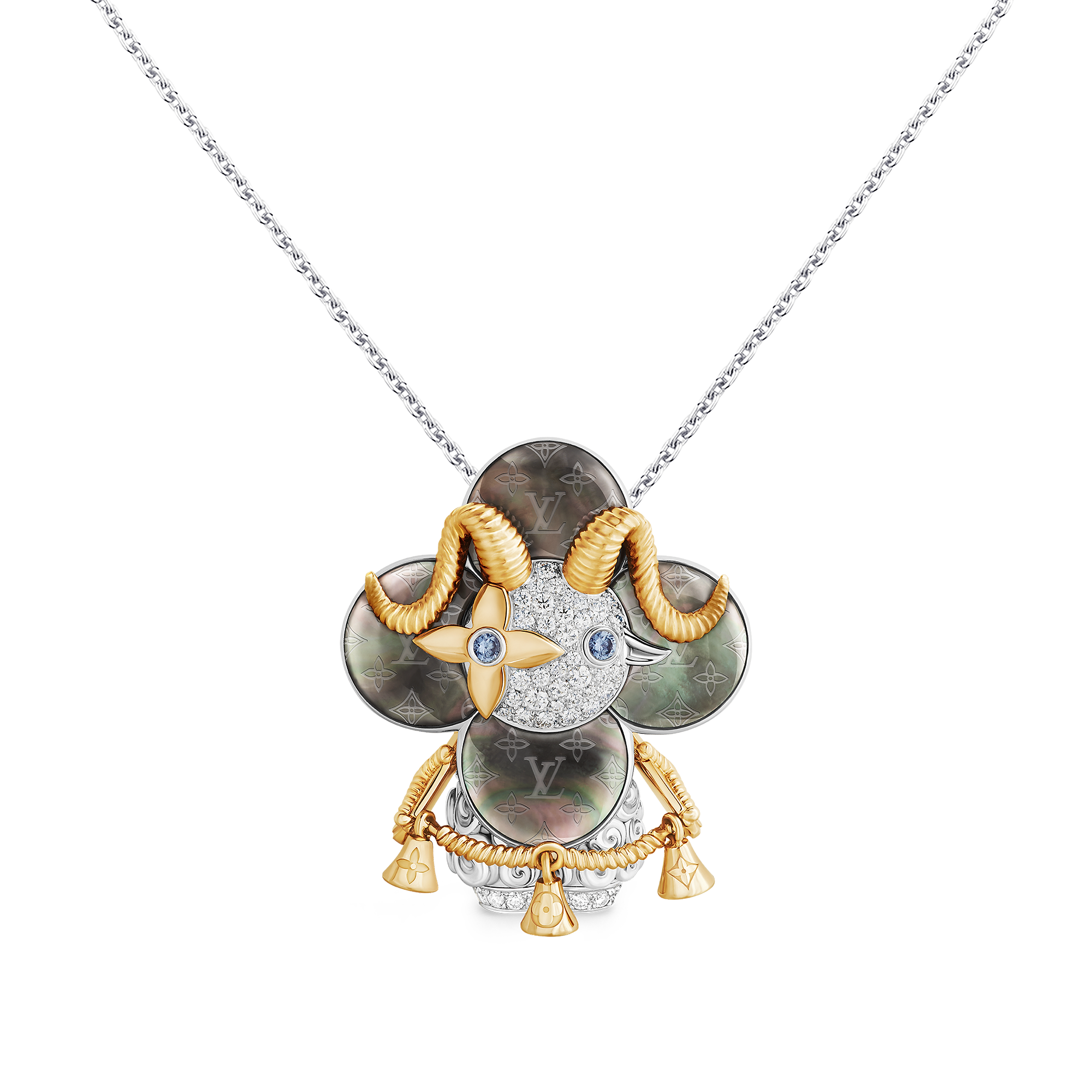 Vivienne Sheep Pendant, Yellow Gold, White Gold, Grey Mother-Of-Pearl, Diamonds & Colored Gemstones