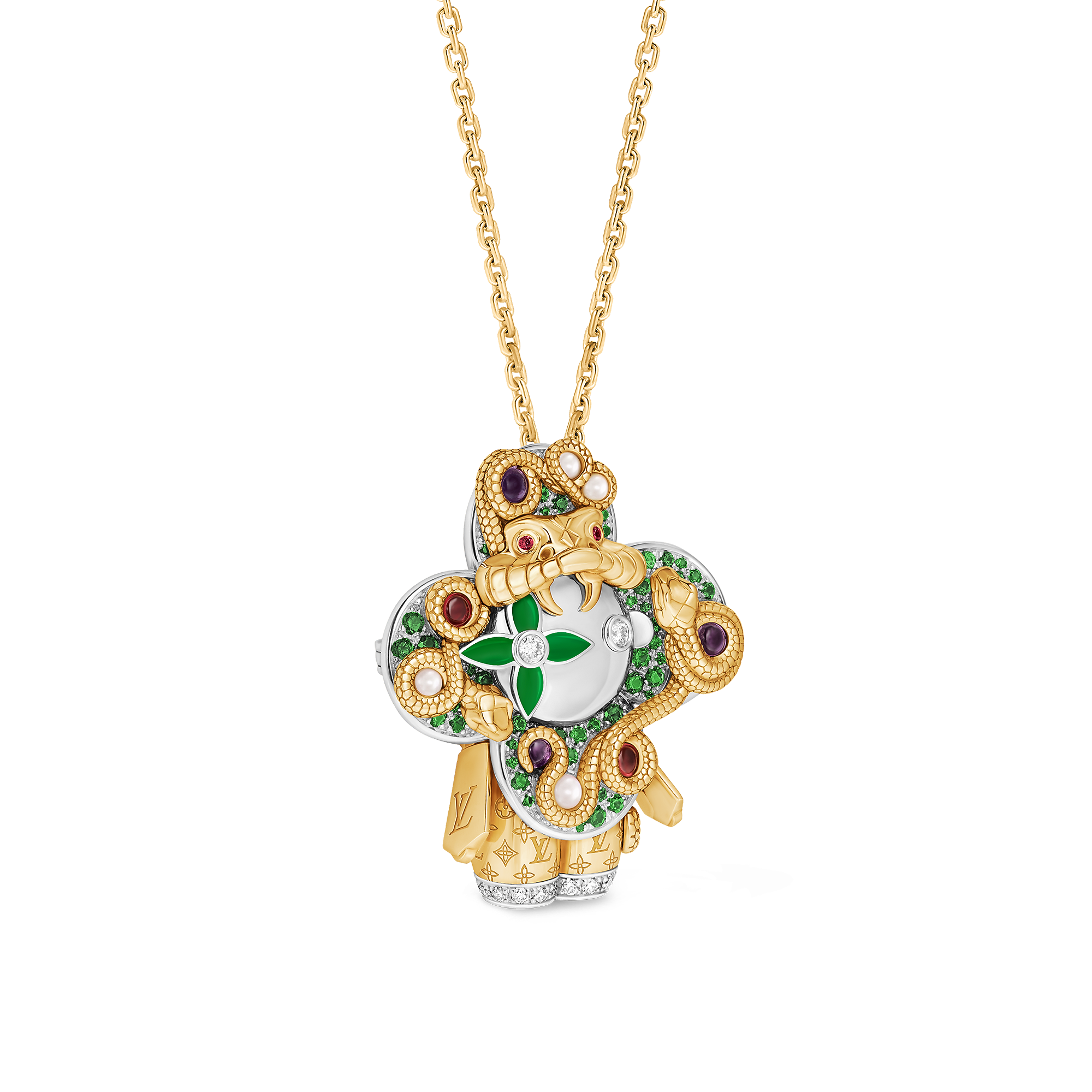 Vivienne Snake Pendant, Yellow Gold, White Gold, Lacquer, Diamonds & Colored Gemstones