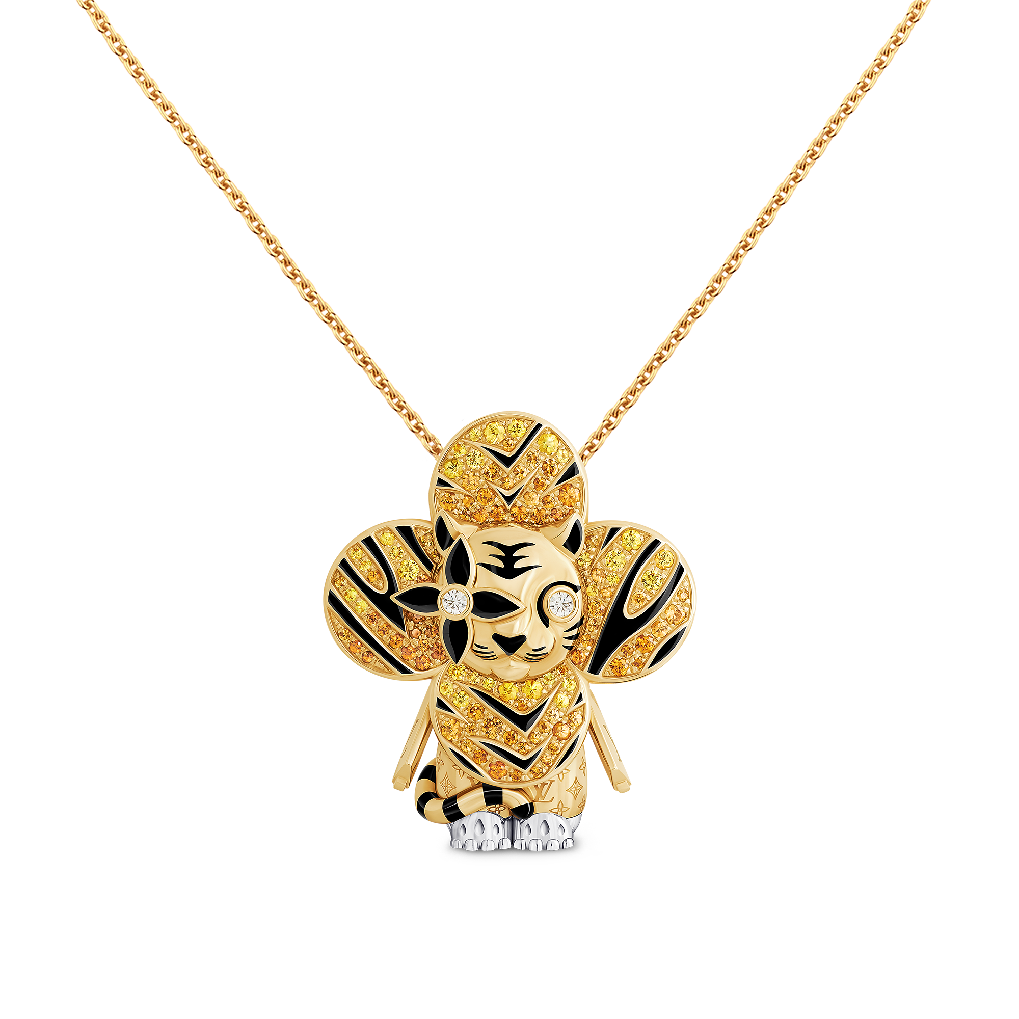 Vivienne Tiger Pendant, Yellow Gold, White Gold, Lacquer, Diamonds & Colored Gemstones